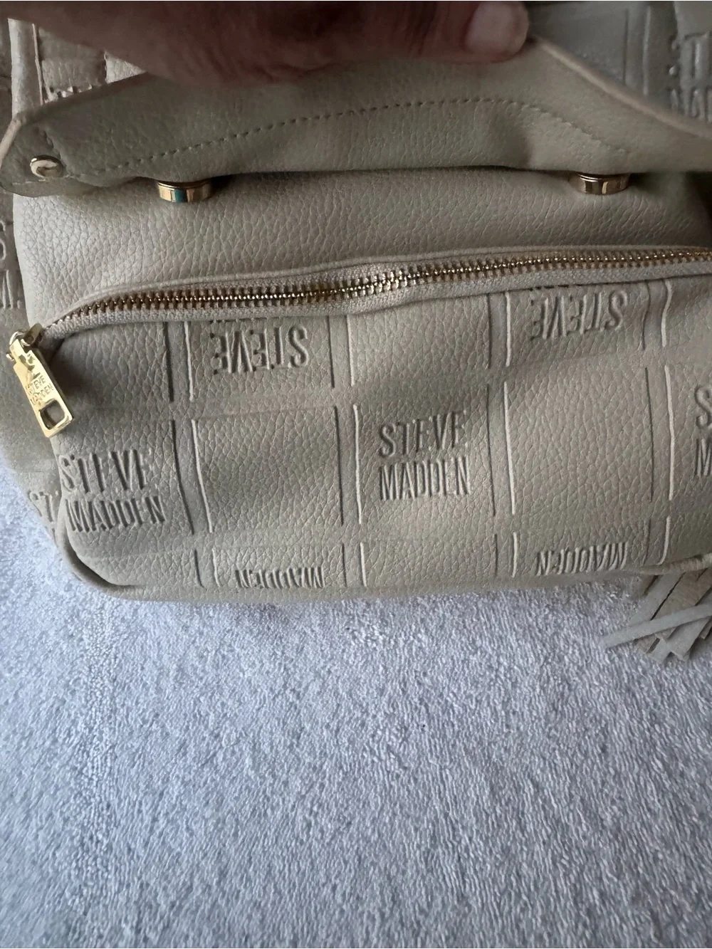 Steve Madden Cream Quilted Logo Backpack with Tassel